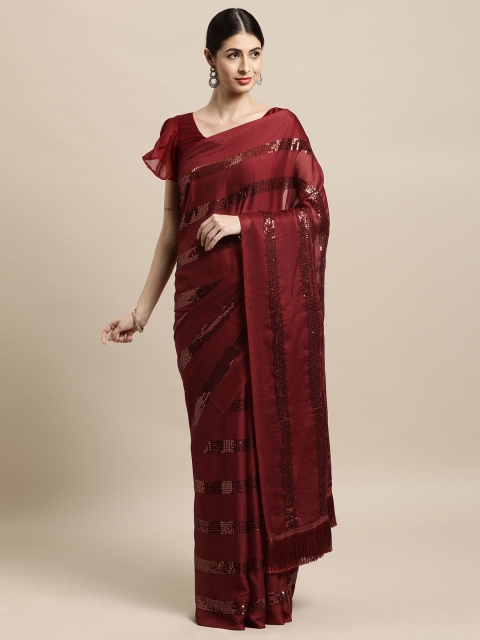 

Tikhi Imli Maroon Striped Sequinned Saree