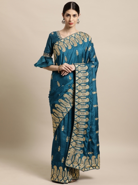 

Tikhi Imli Teal & Gold-Toned Embroidered Saree