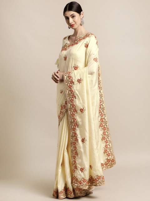

Tikhi Imli Off White & Gold-Toned Embroidered Heavy Work Saree