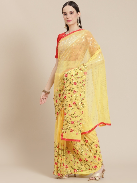 

Mitera Yellow & Pink Sequinned Saree with Floral Embroidery