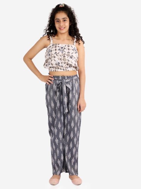 

Lil Peacock Girls Grey & White Abstract Printed Polyester Top With Palazzos