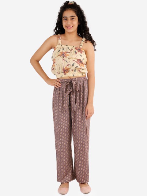

Lil Peacock Girls Off White & Beige Floral Printed Polyester Top With Palazzos