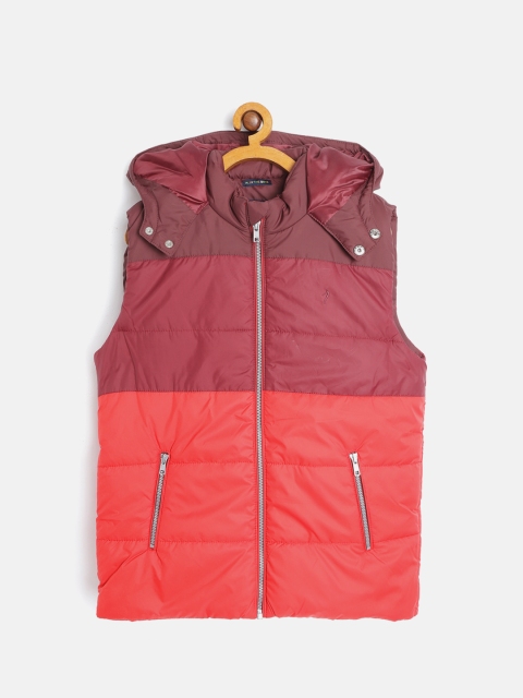 

Indian Terrain Boys Maroon & Red Colourblocked Hooded Padded Jacket