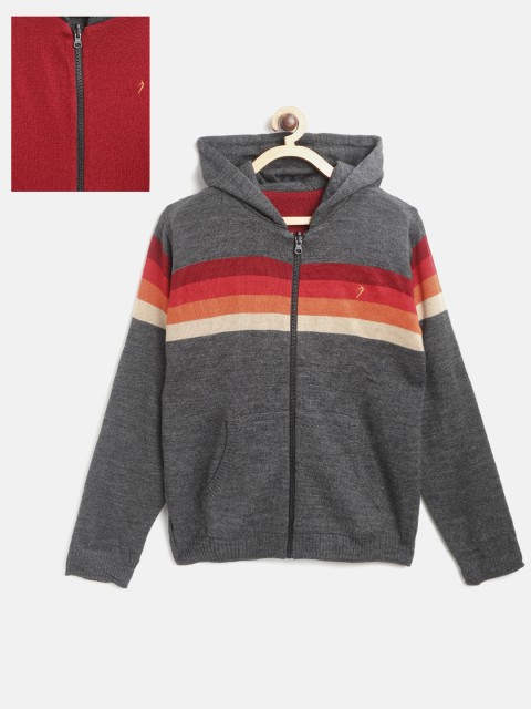 

Indian Terrain Boys Charcoal Grey & Red Striped Hooded Reversible Cardigan