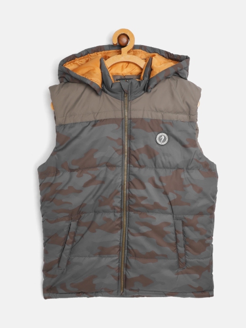 

Indian Terrain Boys Charcoal Grey & Olive Brown Camouflage Print Hooded Padded Jacket