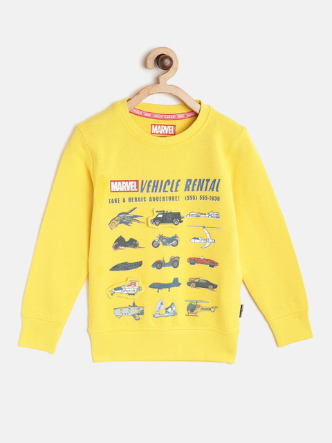 

Indian Terrain Boys Yellow Cotton Avengers Car Print Sweatshirt with Removable Applique