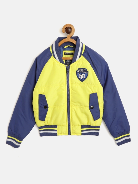 

Indian Terrain Boys Yellow & Navy Blue Solid Bomber Jacket