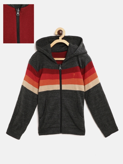 

Indian Terrain Boys Charcoal Grey & Red Striped Reversible Cardigan