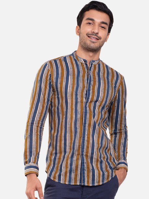 

Bewakoof Men Orange and Blue Striped Mandarin Collar Casual Shirt