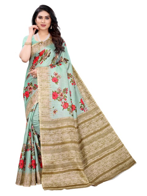 

KALINI Lime Green & Beige Floral Art Silk Saree