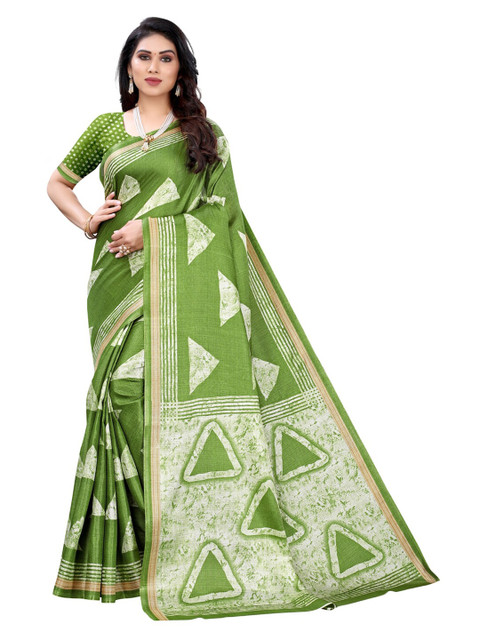 

KALINI Green & White Printed Art Silk Khadi Saree