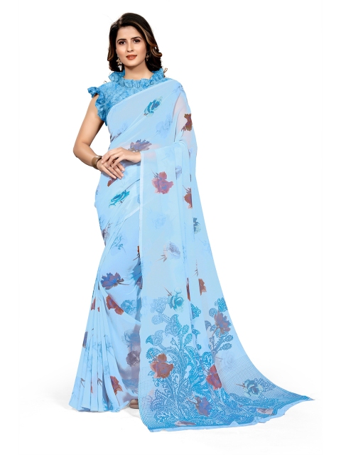 

KALINI Blue & Red Floral Printed Saree