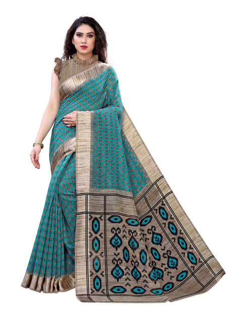 

KALINI Turquoise Blue & Beige Floral Printed Saree