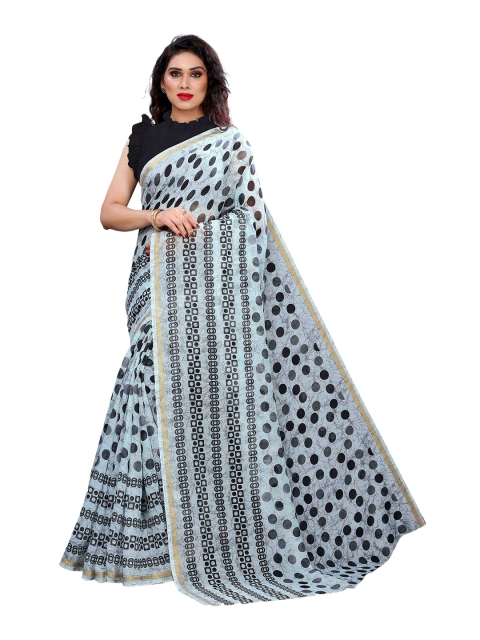 

KALINI Blue & Black Polka Dot Printed Zari Saree