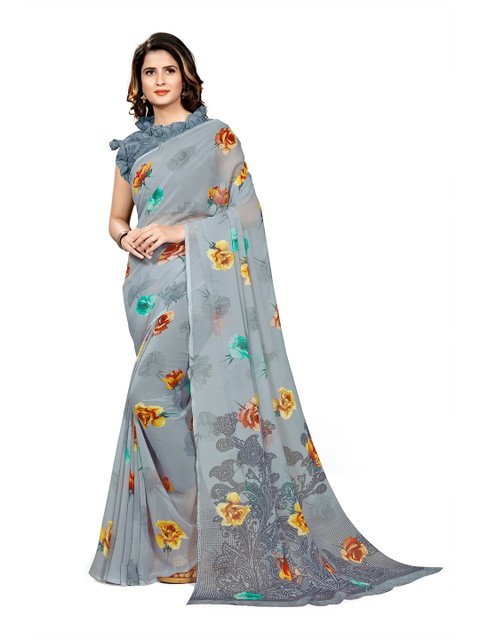 

KALINI Grey & Orange Floral Printed Saree