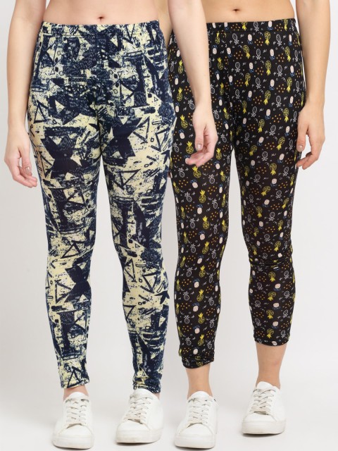 

NEUDIS Women Pack Of 2 Printed Ankle-Length Skinny-Fit Leggings, Black