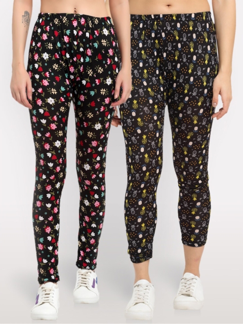 

NEUDIS Women Pack Of 2 Printed Skinny-Fit Ankle-Length Leggings, Black