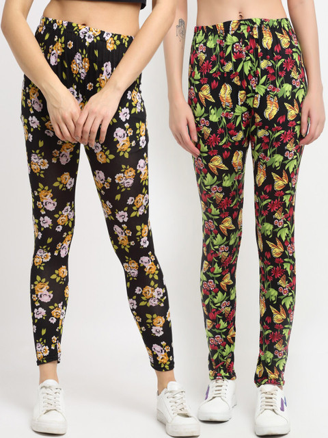 

NEUDIS Women Pack Of 2 Printed Skinny-Fit Ankle-Length Leggings, Black
