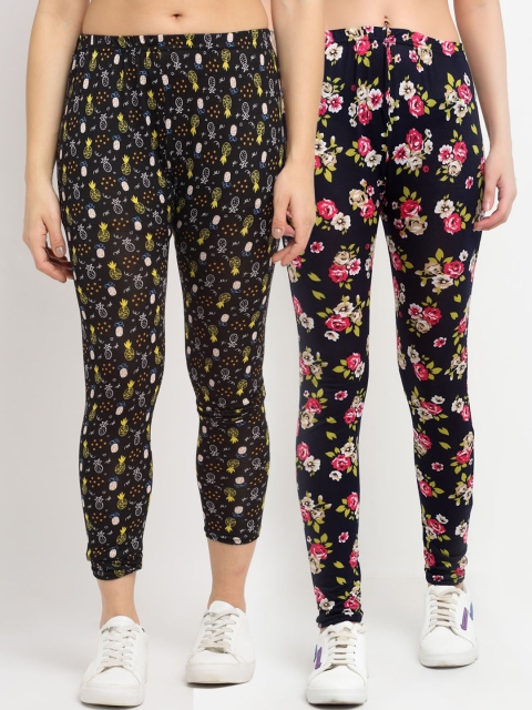 

NEUDIS Women Pack Of 2 Printed Skinny-Fit Ankle-Length Leggings, Black