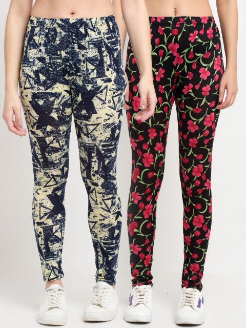 

NEUDIS Women Pack Of 2 Printed Skinny-Fit Ankle-Length Leggings, Black