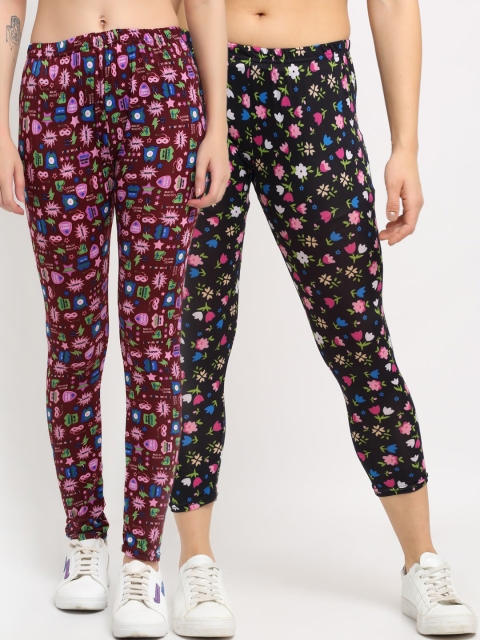 

NEUDIS Women Pack Of 2 Printed Skinny-Fit Ankle-Length Leggings, Black