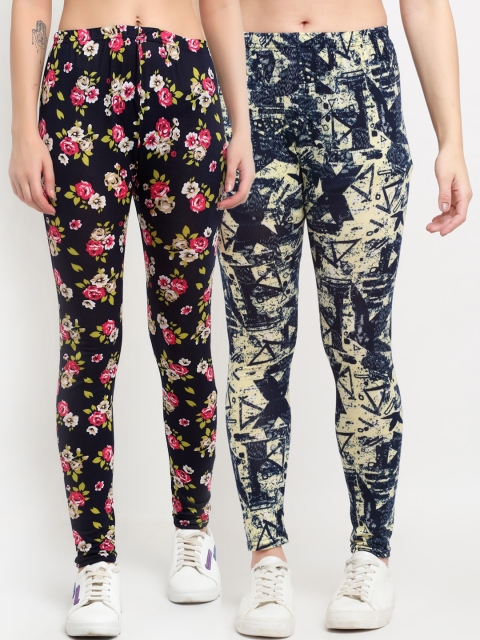 

NEUDIS Women Pack Of 2 Printed Skinny-Fit Ankle-Length Leggings, Black