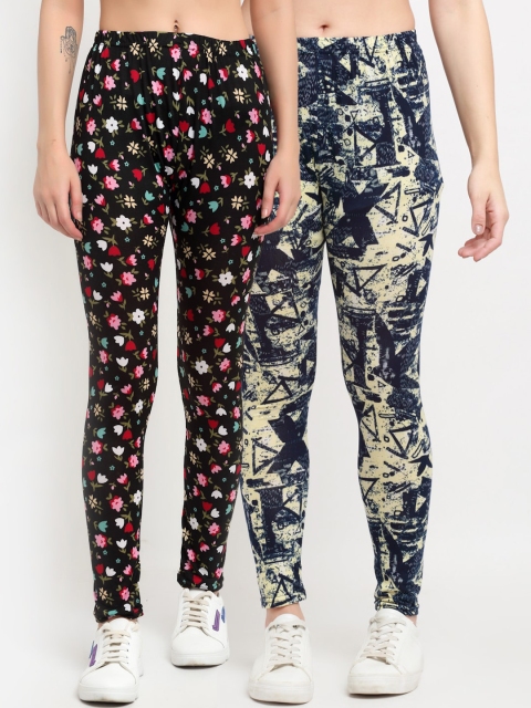

NEUDIS Women Pack Of 2 Printed Skinny-Fit Ankle-Length Leggings, Black