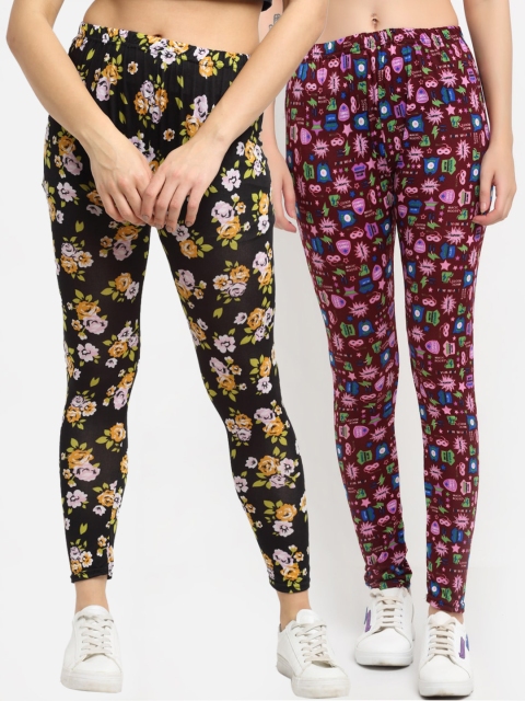 

NEUDIS Women Pack Of 2 Printed Skinny-Fit Ankle-Length Leggings, Black