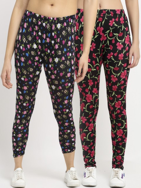

NEUDIS Women Pack Of 2 Printed Skinny-Fit Ankle-Length Leggings, Black
