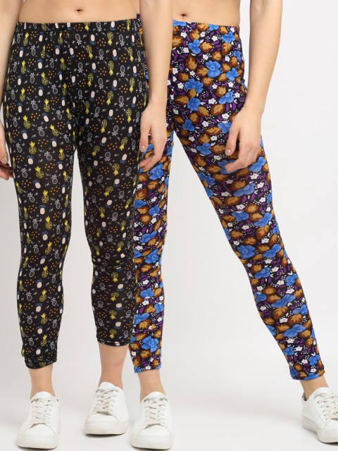 

NEUDIS Women Pack Of 2 Printed Skinny-Fit Ankle-Length Leggings, Black