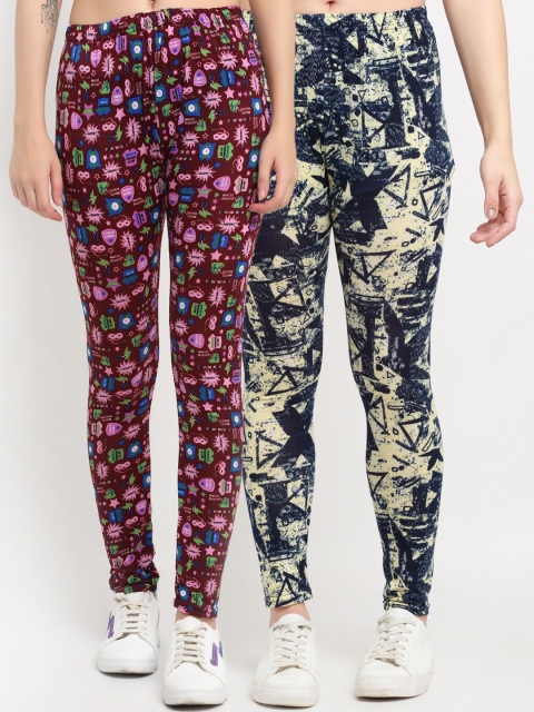 

NEUDIS Women Pack Of 2 Printed Skinny-Fit Ankle-Length Leggings, Maroon