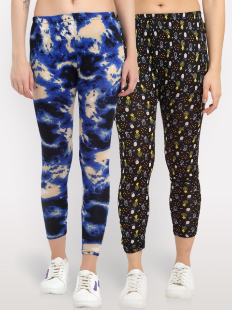 

NEUDIS Women Pack Of 2 Printed Skinny-Fit Ankle-Length Leggings, Black