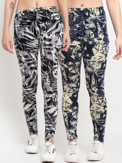

NEUDIS Women Pack Of 2 Printed Skinny-Fit Ankle-Length Leggings, Black