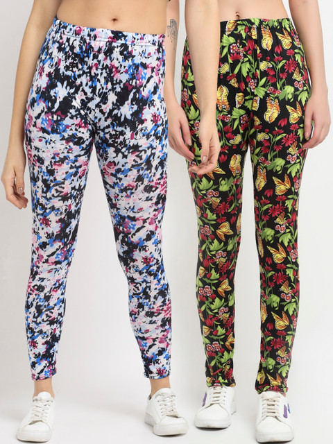 

NEUDIS Women Pack Of 2 Printed Skinny-Fit Ankle-Length Leggings, White