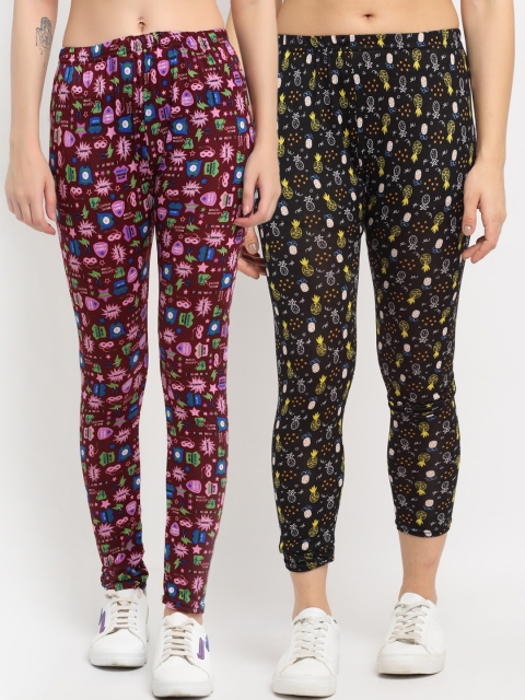 

NEUDIS Women Pack Of 2 Printed Skinny-Fit Ankle-Length Leggings, Black