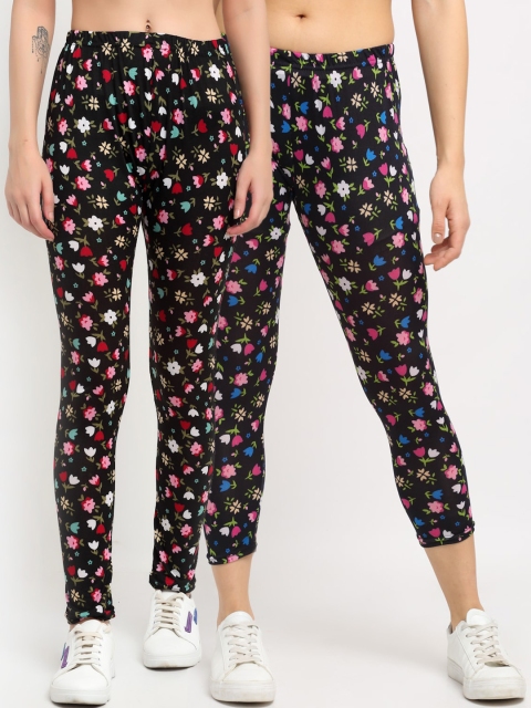 

NEUDIS Women Pack Of 2 Printed Skinny-Fit Ankle-Length Leggings, Black