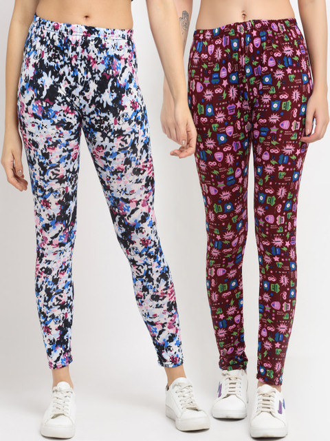 

NEUDIS Women Pack Of 2 Printed Skinny-Fit Ankle-Length Leggings, White