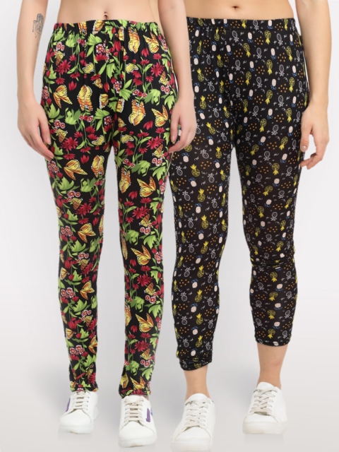 

NEUDIS Women Pack Of 2 Printed Skinny-Fit Ankle-Length Leggings, Black
