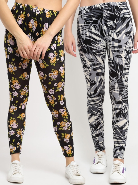 

NEUDIS Women Pack Of 2 Printed Skinny-Fit Ankle-Length Leggings, Black