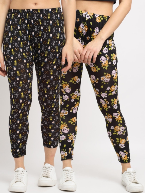 

NEUDIS Women Pack Of 2 Printed Skinny-Fit Ankle-Length Leggings, Black
