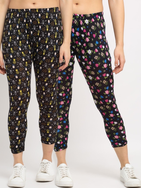 

NEUDIS Women Pack Of 2 Printed Skinny-Fit Ankle-Length Leggings, Black