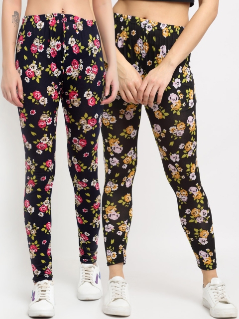 

NEUDIS Women Pack Of 2 Printed Skinny-Fit Ankle-Length Leggings, Black