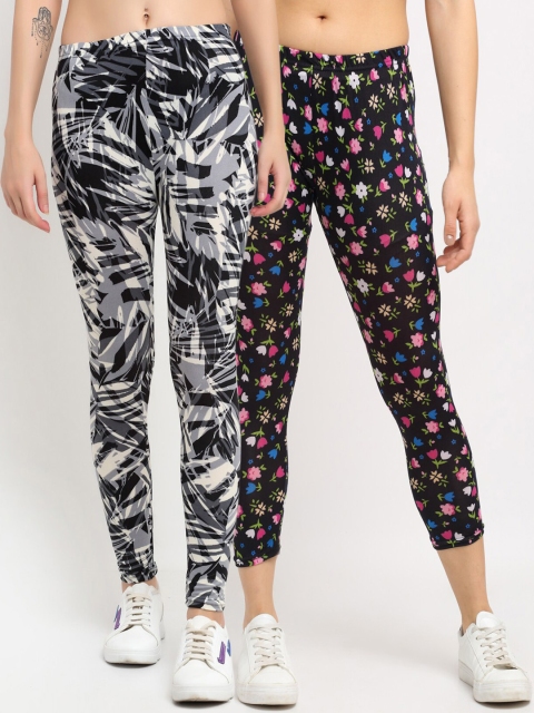 

NEUDIS Women Pack Of 2 Printed Skinny-Fit Ankle-Length Leggings, Black