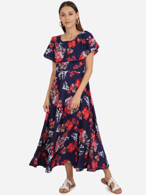 

LEWAWAA Navy Blue & Red Floral Layered Crepe Maxi Dress