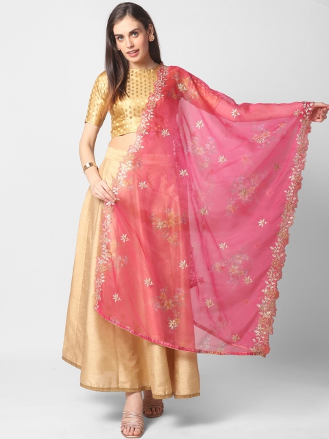 

Dupatta Bazaar Pink & Gold Embroidered Organza Dupatta with Zardozi & Cutwork Details