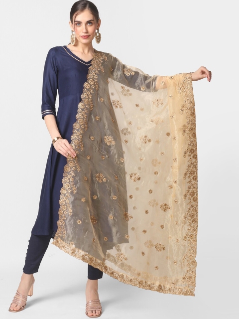 

Dupatta Bazaar Gold-Toned Embroidered Organza Dupatta with Beads and Stones Details