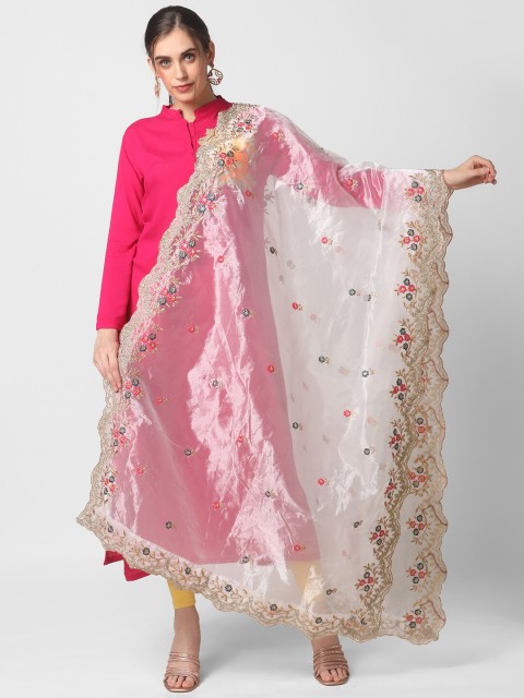 

Dupatta Bazaar White & Pink Embroidered Organza Dupatta with Sequinned & Cutwork detail