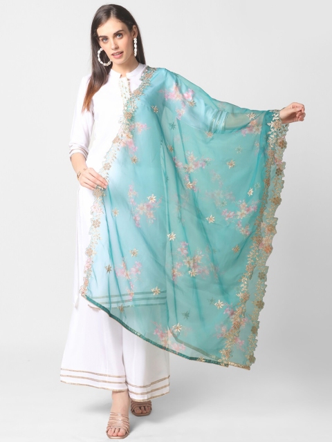 

Dupatta Bazaar Teal & Pink Printed Organza Dupatta with Zardozi Cutwork Dupatta