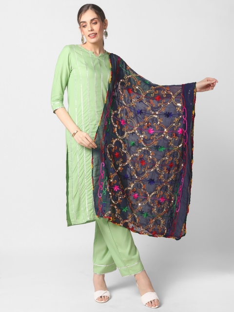 

Dupatta Bazaar Navy Blue & Orange Embroidered Dupatta with Sequinned Detail