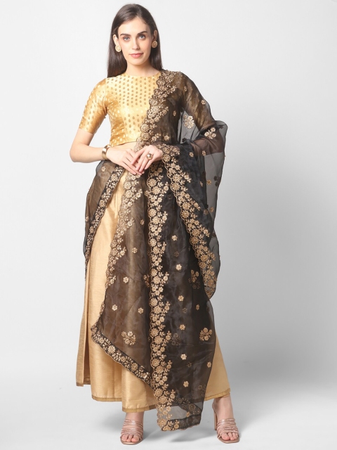 

Dupatta Bazaar Black & Gold Embroidered Organza Dupatta with Beads and Stones Details